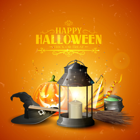 Happy Halloween greeting card with black lantern, old hat, pumpkin, broom and party hat on orange backgroundのイラスト素材