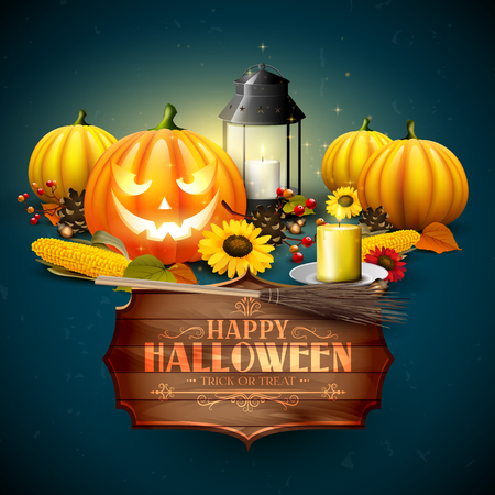 Traditional Halloween background with pumpkins, old lantern, corn and sunflowers on orange backgroundのイラスト素材