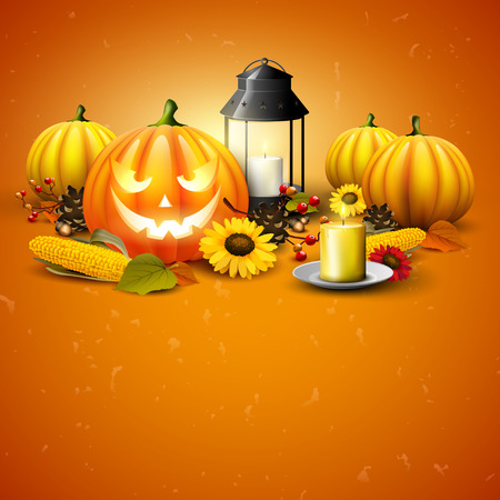 Traditional Halloween background with pumpkins, old lantern, corn and sunflowers on orange backgroundのイラスト素材