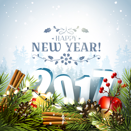 New Year greeting card with traditional decorations and 3D numbers in front of winter landscapeのイラスト素材