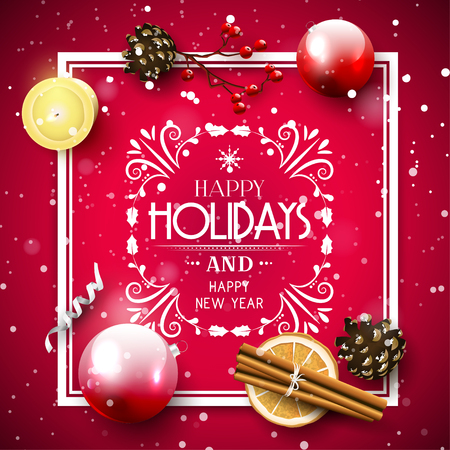 Christmas greeting card with traditional decorations and calligraphic inscription on red backgroundのイラスト素材