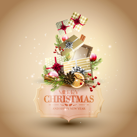 Christmas gold gift boxes, baubles and paper label on gold background - Luxury Christmas greeting cardのイラスト素材