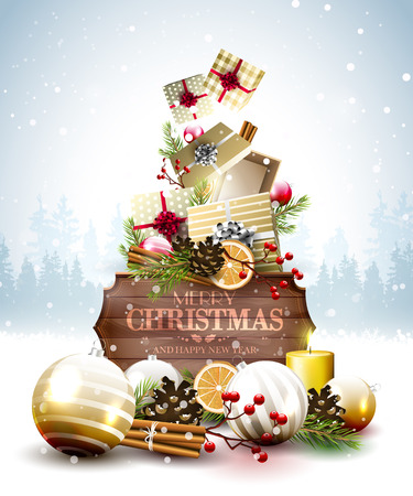 Christmas gold gift boxes, baubles and paper label in front of winter landscape - Christmas greeting cardのイラスト素材