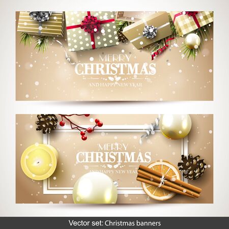 Vector set of two Christmas banners with gold gift boxes, branches and baubles on gold backgroundのイラスト素材