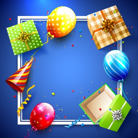 Luxury party balloons, confetti and gift boxes on blue background. Party or birthday invitation templateのイラスト素材