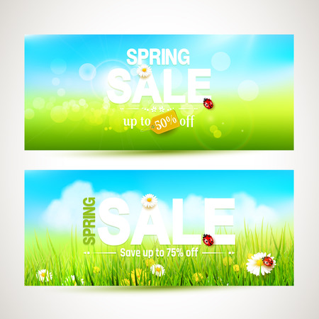 Vector set of two spring sale headers with sunny meadowのイラスト素材