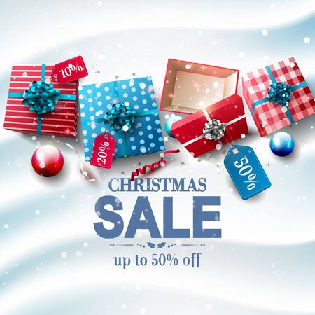 Christmas sale poster with red and blue gift boxes with price tagsのイラスト素材