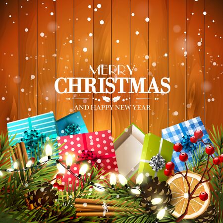 Christmas greeting card with traditional decorations and gift boxes on wooden backgroundのイラスト素材