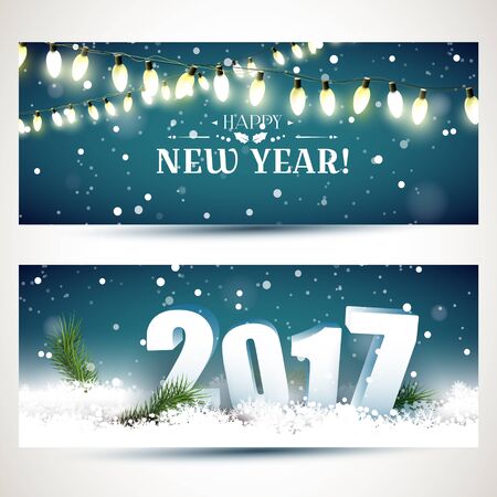 Happy New Year 2017 - vector set of two New Year headers or banners with light garlands and 3D numbers in the snowのイラスト素材