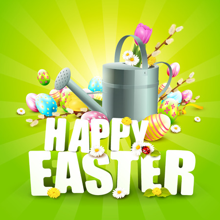 Cute Easter template with flowers, Easter eggs, ladybug and watering can in the grassのイラスト素材