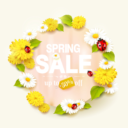 Spring sale flyer with flowers and ladybugs on green backgroundのイラスト素材