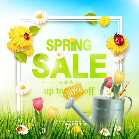 Spring sale flyer - sunny meadow with flowers, ladybugs and watering can in the grassのイラスト素材
