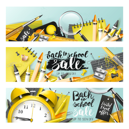 Trendy design headers with "Back to school sale" brush lettering and school accessoriesのイラスト素材