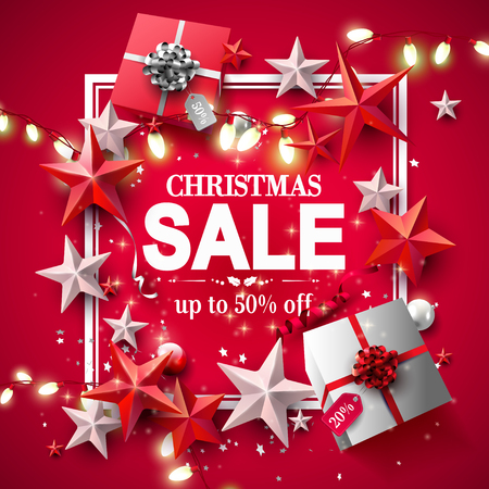 Modern Christmas sale flyer with red and silver gift boxes and starsのイラスト素材