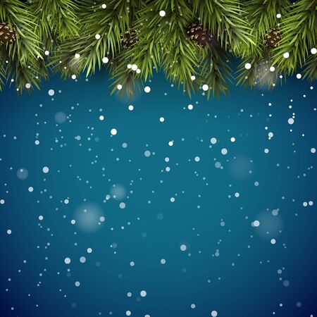 Christmas background with fir branches and pine cones on blue backgroundのイラスト素材