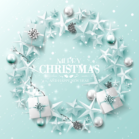 Luxury Christmas greeting card with stars, gift boxes and baublesのイラスト素材