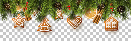 Christmas border with fir branches, traditional decorations and gingerbreadsのイラスト素材