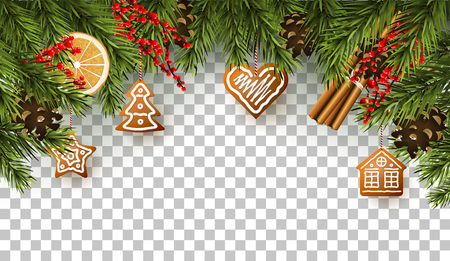 Christmas border with fir branches, traditional decorations and gingerbreads on transparent backgroundのイラスト素材