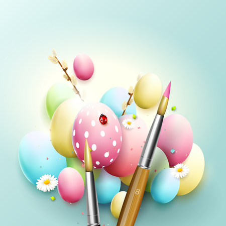 Colorful Easter eggs and paintbrushes on blue backgroundのイラスト素材