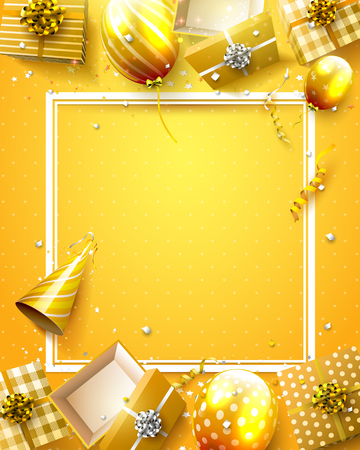 Luxury birthday template with orange confetti, birthday balloons and gift boxes.のイラスト素材