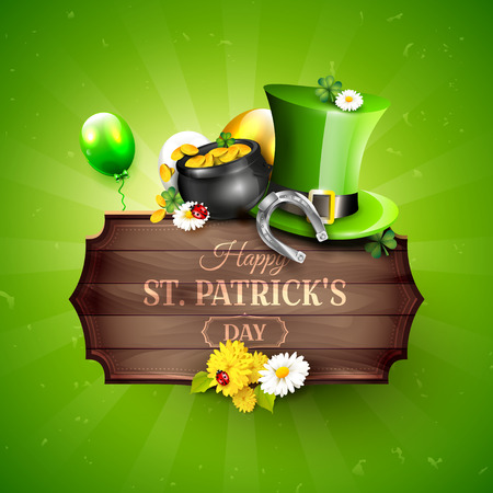 St. Patrick's day greeting card with Leprechaun`s hat, pot of gold, cloverleafs and balloons in the colors of Ireland.のイラスト素材