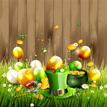 St. Patrick's Day template with Leprechaun`s hat, pot of gold, cloverleafs and balloons in the colors of Ireland.のイラスト素材
