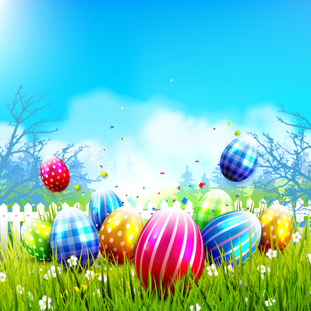 Easter greeting card with colorful eggs in the grassのイラスト素材