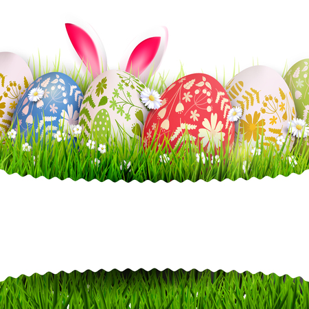 Traditional Easter background with colorful painted Easter eggs and bunny ears in the grass. 
Place for your messageのイラスト素材