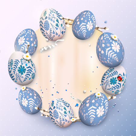 Traditional Easter greeting card with blue painted Easter eggs with floral pattern. Place for your textのイラスト素材