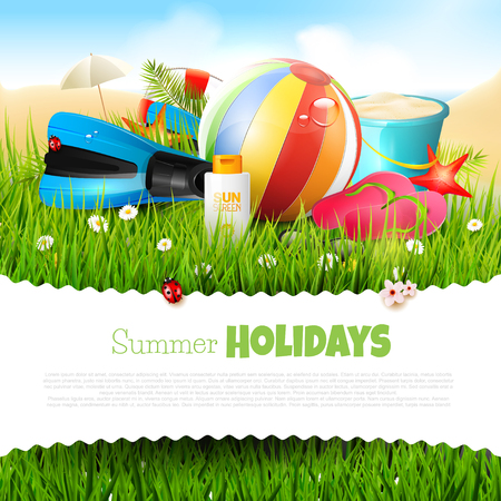 Summer time background with summer accessories and place for your messageのイラスト素材