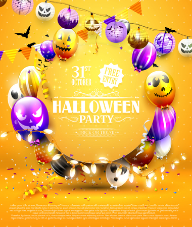 Halloween party template with colorful balloons with scary faces.のイラスト素材