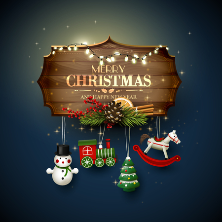 Christmas greeting card with wooden sign and toys decorationsのイラスト素材