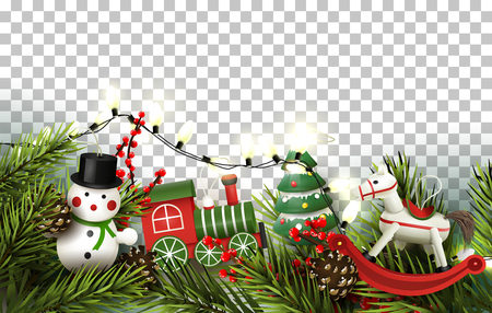 Christmas border with branches and wooden toys decorationsのイラスト素材