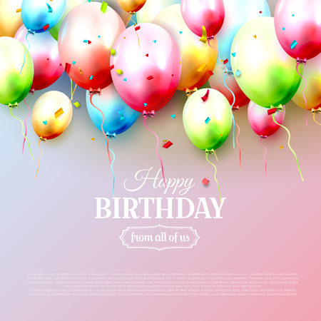 Happy birthday greeting card with colorful birthday balloons on pink backgroundのイラスト素材