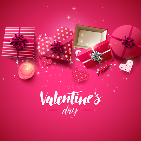 Valentine's Day greeting card with gift boxes, candle and paper hearts on pink backgroundのイラスト素材