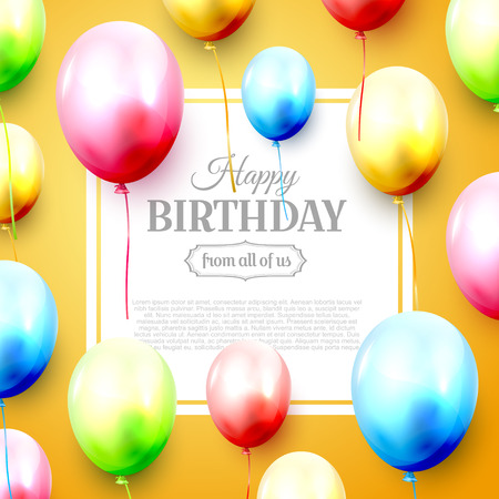 Happy birthday greeting card with balloons on orange background. Space for your textのイラスト素材
