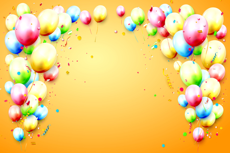 Birthday template with colorful birthday balloons and confetti on orange background. Place for your messageのイラスト素材