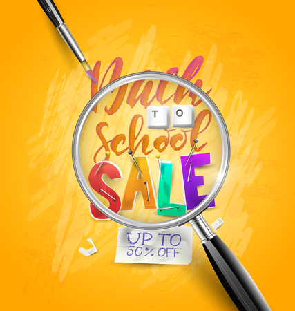 Back to school sale concept with lettering,  magnifier and brush. Promotion campaign template.のイラスト素材