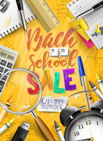 Back to school sale concept with with stationery on orange background. Promotion campaign template.のイラスト素材