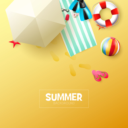 Summer time modern background with summer accessories on orange backgroundのイラスト素材