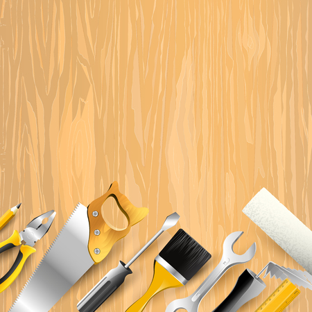 Carpentry trendy background with tools on wooden background. Place for your textのイラスト素材