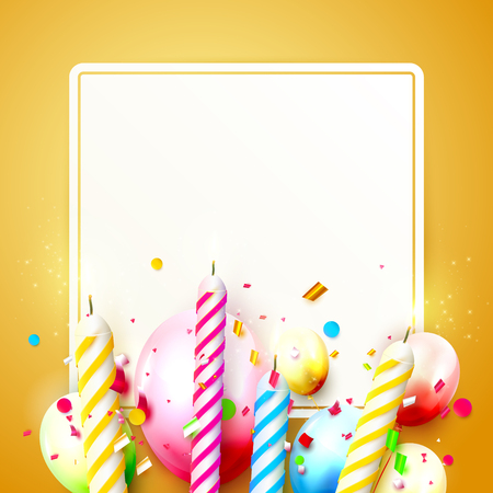 Colorful candles and balloons on orange background. Birthday, anniversary or celebration template with place for your text.のイラスト素材