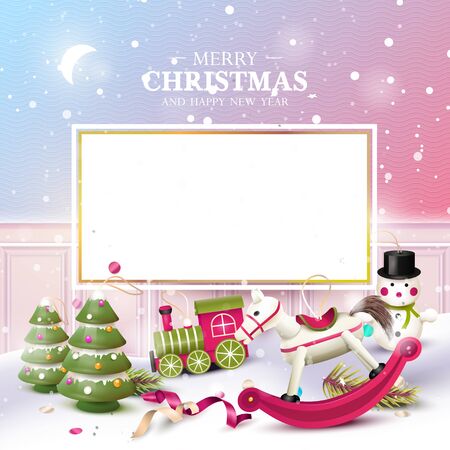 Christmas greeting card with traditional wooden toy decorations in the snow. Place for your message.のイラスト素材