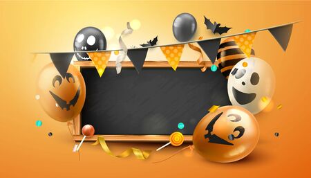 Modern Halloween party header with balloons, lantern and other decorations on the shelf. Empty chalkboard for your text.のイラスト素材