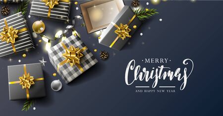 Luxury Christmas header or banner with gift boxes on blue backgroundのイラスト素材