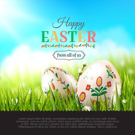 Easter greeting card. Eggs with traditional folk pattern in the grass. Place for your text.のイラスト素材