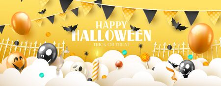 Hallowen banner with balloons, garland and other decorations. Paper cut style.のイラスト素材