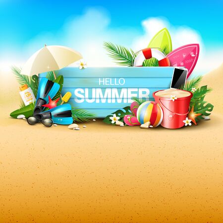 Summer time blackground with beach elements and wooden sign on the sand. Place for textのイラスト素材