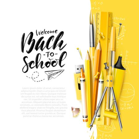 Modern design template with school accessories and "Back to school" hand drawn letteringのイラスト素材
