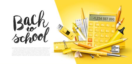Modern design Back to school banner with school supplies on orange background. のイラスト素材